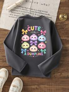 Big Girls Back Print Long Sleeve T-Shirt, Cute Colorful Dumpling Bow Print Soft Casual Autumn Top - Dark Grey - View 3