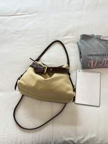Vintage Contrast Color Belt Buckle Shoulder Crossbody Bag, Large Capacity Canvas & Leather Patchwork Tote Bag, Fashionable Versatile Commuter Handbag For Women - A - View 10