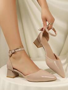 Minimalist Solid Color Pointed Toe Slingback Chunky Heel Pumps, Quiet Luxury Style For Business, Cocktail Party And Casual Vacation Travel - Apricot - View 2
