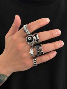 Set de 6 anillos de metal estilo punk de moda con diseño geométrico, anillos de estrella y cruz para uso diario casual de hombres - Plata antigua - Ver 1