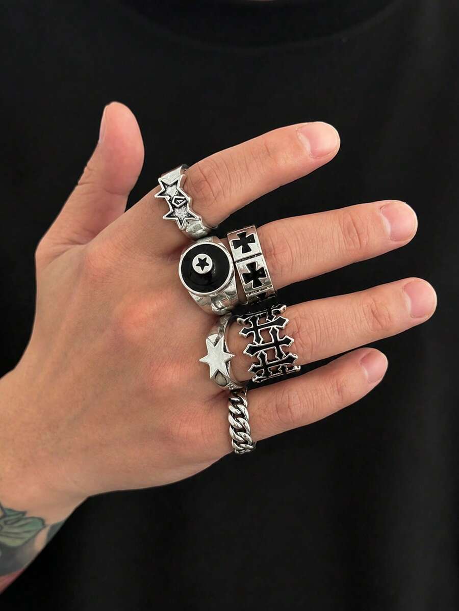 Set de 6 anillos de metal estilo punk de moda con diseño geométrico, anillos de estrella y cruz para uso diario casual de hombres - Plata antigua - Ver 1