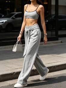 Y2K Street Style Wide Leg Drawstring Long Waistband Sweatpants, High Waist Elastic Waist Loose Long Pants, Suitable For Outdoor Sports And Home Leisure - Grey - View 3