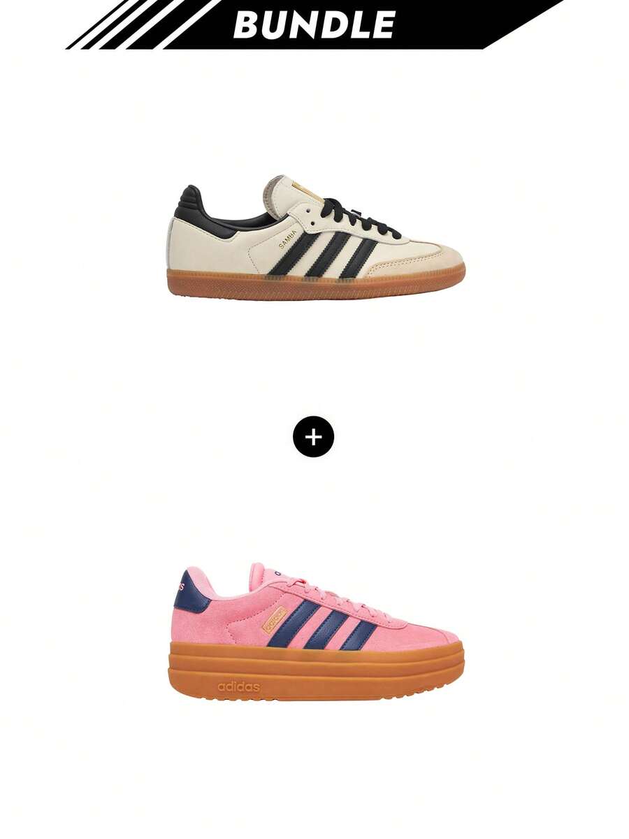 Adidas [Paquete]Samba OG para mujer Blanco crema / Negro núcleo / Arena estratificada JI2062 + Court Bold para mujer Rosa felicidad / Azul oscuro / Dorado metálico JI1789 - Blanco crema + Rosa Bliss - Ver 1