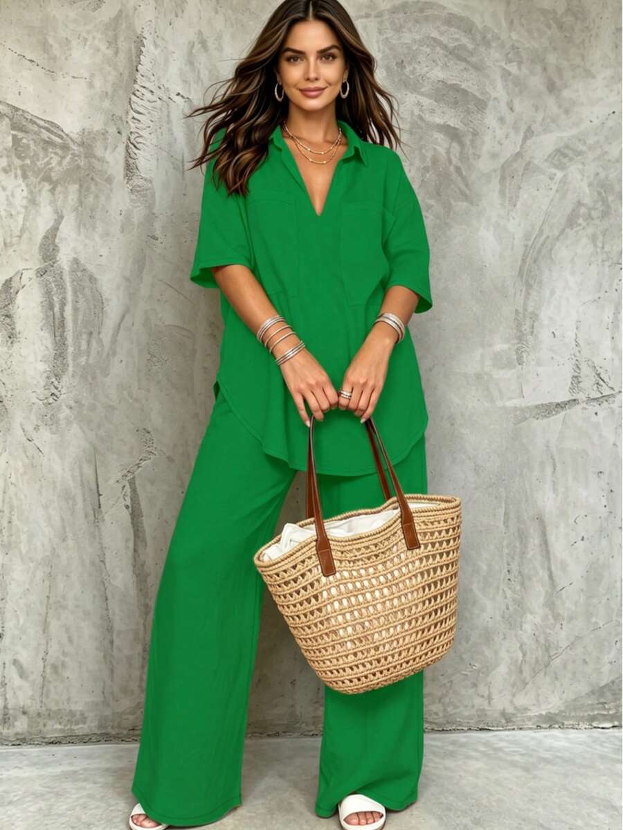 Women's Plus Size 2-Piece Set Top, Spring/Summer Solid Color Casual 2-Piece Set, Multiple Colors Available For Daily Home Wear Elegant - Green - View 1