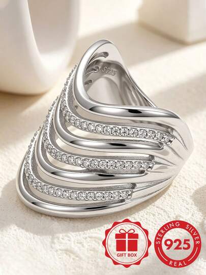 1 pezzo Anello in argento sterling S925 con zirconi bianchi rotondi incastonati per donne, anello di fidanzamento e matrimonio con scatola regalo