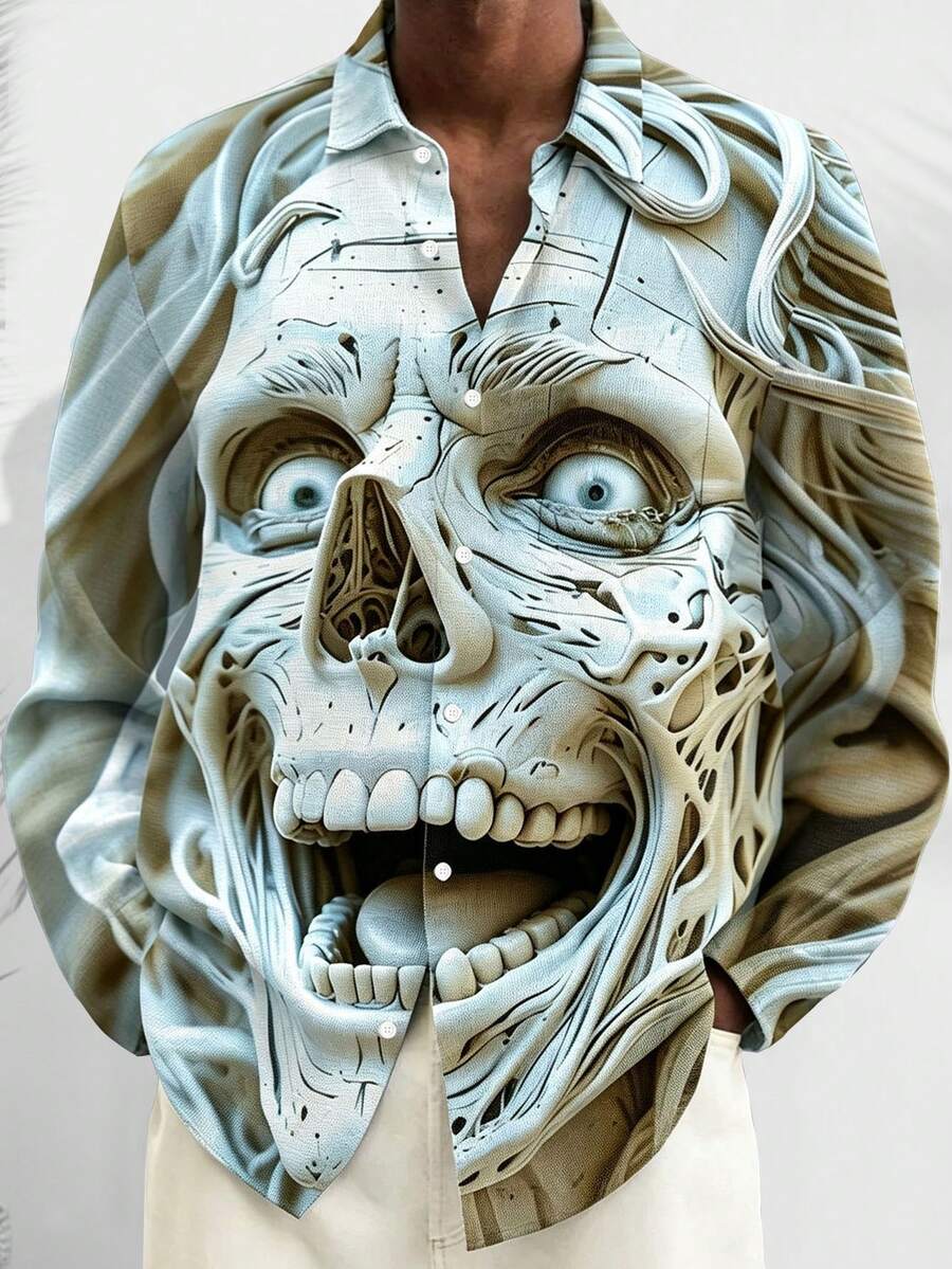 Skull Print Men's Plus Size Button-Up Holiday Long Sleeve Shirt - Light Grey - View 1