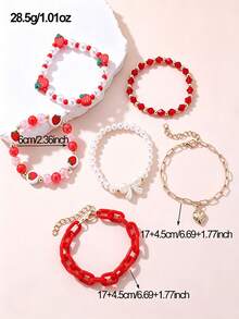 6pcs Girls Strawberry Pearl Beaded Butterfly Heart Bracelet Set - A - View 4