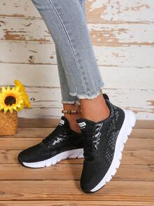 Women's Athletic Shoes Fabric Front Lace-Up Striped Decor Mesh Breathable Soft Sole Sneakers Suitable For Daily Commute And Casual Wear - Black Grey - View 5