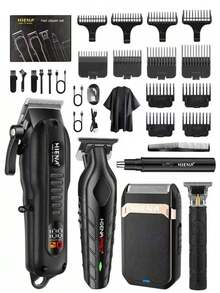 HIENA Professional Men's Hair Clipper And Shaver Set, 5-Piece/3 PiecesSingle Unit Optional, USB Rechargeable Cordless Hair Clipper With LED Display, Lithium Battery, Mini Body, Multiple Accessories, Suitable For Beginner Barbers And Home Use, Exquisite Gift Box Packaging, Create Your Own Men's Hair Clipper Set - Black - View 15