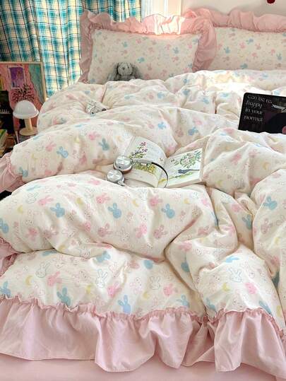 Pink Small Floral Ruffle Trim 4-Piece Bedding Set, French Country Style Breathable Soft All-Season Bedding Set Including 1 Duvet Cover, 1 Bed Sheet, 2 Pillowcases, No Filling, Suitable For Bedroom, Dorm, Home Use, Multiple Size Options, Back To School Dorm Decor College Decor