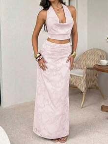 Elegant Women's Light Pink Two Pieces Outfit, Halter Neck Cowl Top With Matching Maxi Skirt Set, Perfect For Summer Casual Or Formal Events - Pink - View 6