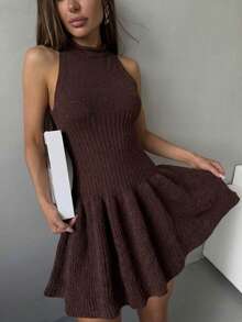Women's Fall Winter Dark Brown Sleeveless Mock Neck Knit Mini Dress Fit & Flare Slim Fit Elegant Sexy Party Date Night Going Out Casual Wear Summer - Brown - View 7