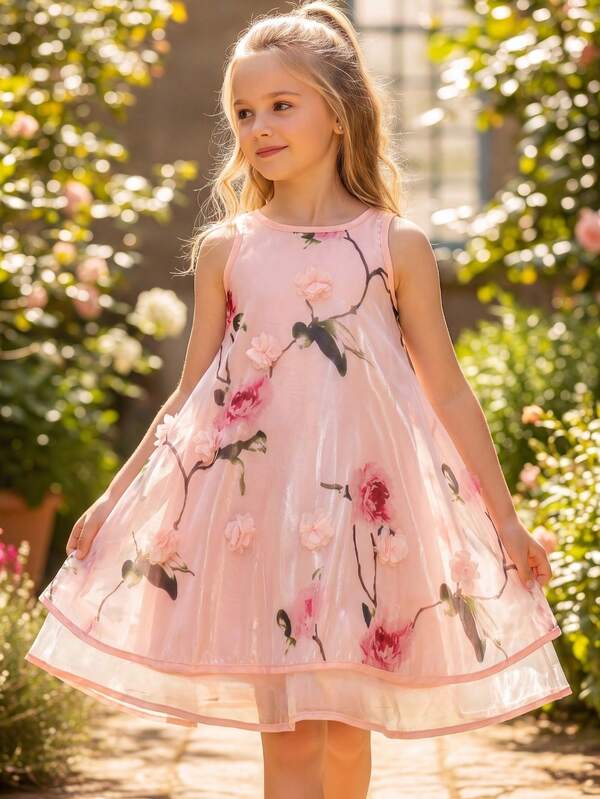 Tween Girl Cute Sleeveless Pink Round Neck 3D Floral Print Mesh Vacation Outdoor Tank Dress
