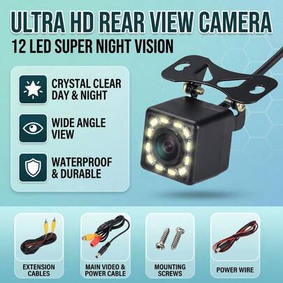 12LED HD 1080P Car Reverse Camera IP68 Waterproof Night Vision Wide Angle Rear View Backup Camera
