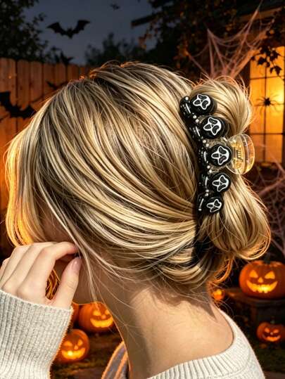 3/1pc Women's Novelty Halloween Hair Claw - Resin Hair Clips With Ghost, Skull And Pumpkin Lantern Patterns, Cute Spooky Y2K Hair Accessories For Halloween Outfits