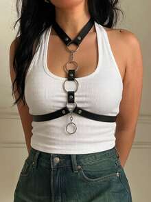 Black PU Leather Bondage Collar & Body Harness With Metal Rings, Adjustable Buckle, Gothic Y2K Style Top Accessory, Essential Body Chain For Clubwear - Multicolor - View 1