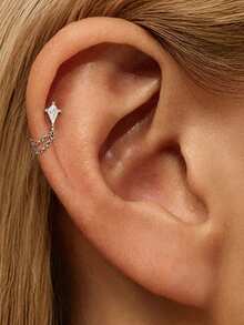 EleRunis 1pc 925 Sterling Silver Delicate Double Eye Chain Flat Back Labret/Cartilage Stud, Suitable For Earlobe/Ear Cartilage/Ear Conch/Ear Helix, Threaded Piercing Fine Jewelry, Suitable For Daily Wear - Silver - View 4