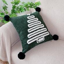 1pc Christmas Pom Pom Pillow Case, Red & Green Christmas Tree Embroidered Pattern Decorative Cushion Cover, Winter Holiday Home Sofa Soft Decor, Pillow Insert Not Included - Green - View 5