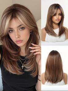 Topshe Ava WIGS 18英吋黑棕色長層次假髮附瀏海，柔軟易造型合成纖維髮，適合女性日常配戴、上班、度假，亦適合作為萬聖節、聖誕節女性禮物 - 摩卡棕 - 查看 6