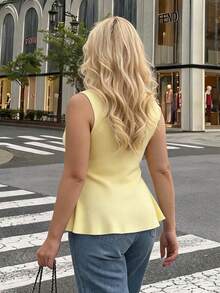 Dripcurv Plus Size Yellow Sleeveless Knitted Vest Top, Cooling For Summer,Business Casual Woman Women Button Down Knit Top,Back To School - Yellow - View 2