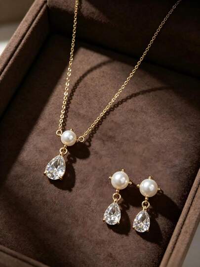 14K Gold Plated Pearl Teardrop Zirconia Jewelry Matching Set, Dainty Necklace & Drop Earrings, Elegant Wedding Daily Jewelry For Ladies.