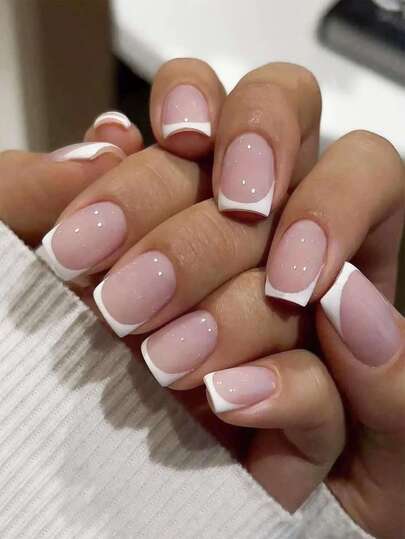 Enhance Your Look 24pcs Short Square White French High-Quality New Technology Full Coverage Nail Art Stickers Set, Suitable For Women And Girls Daily Wear