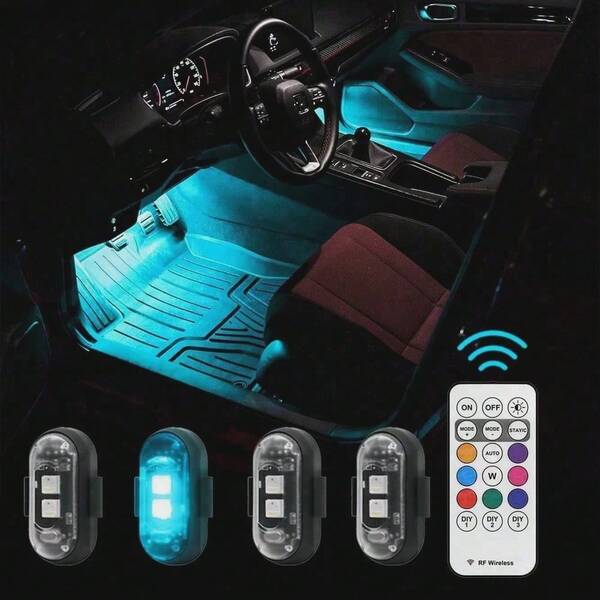 4 Packs Rechargeable Portable RGB LED Lights, Wireless Remote With 8 Colors & Strobe Mode, Interior & Exterior Car Mod Anti-Collision Warning Lamps, Ideal Gift For Parties & Motor Vehicles