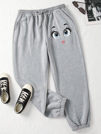 Women's Cute Winking Face Print Pajama Pants, Velvet Casual Drawstring Sweatpants, Warm Autumn/Winter Loungewear, Suitable For Home, Outdoor Sports, And Gatherings