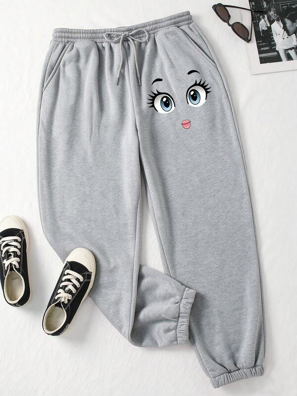 Women's Cute Winking Face Print Pajama Pants, Velvet Casual Drawstring Sweatpants, Warm Autumn/Winter Loungewear, Suitable For Home, Outdoor Sports, And Gatherings