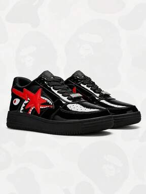 BAPE Unisex Shiny Black Thick Sole Sneakers, Red Star & Lightning Pattern Casual Skate Shoes, Hip-Hop Street Style Footwear