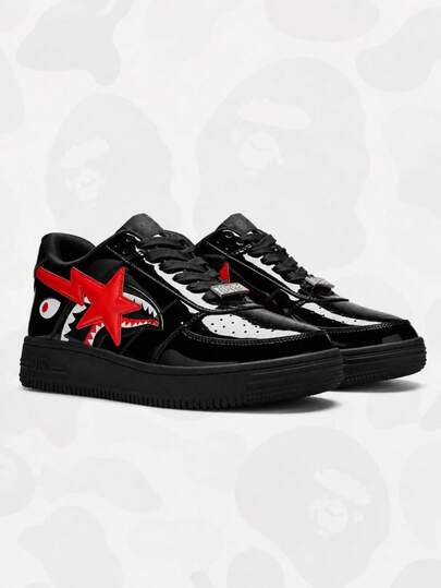 Sepatu Sneakers BAPE Unisex Hitam Mengkilap Sol Tebal, Motif Bintang Merah & Petir, Sepatu Skate Kasual, Alas Kaki Gaya Jalanan Hip-Hop