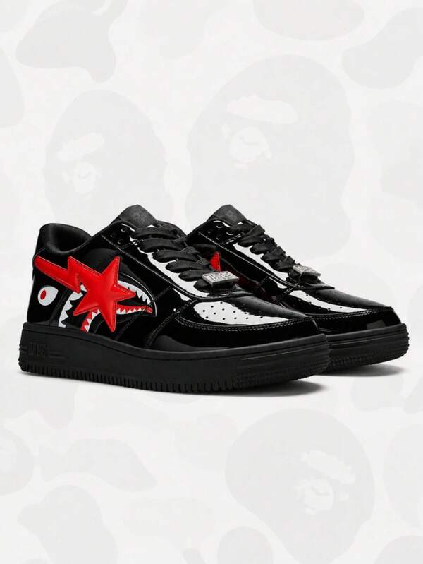 BAPE Unisex Shiny Black Thick Sole Sneakers, Red Star & Lightning Pattern Casual Skate Shoes, Hip-Hop Street Style Footwear