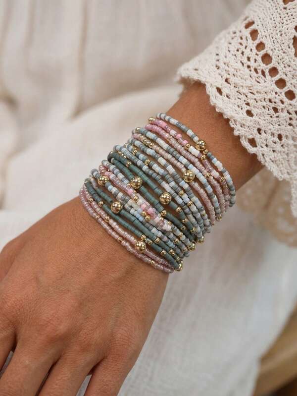 18pcs Bohemian Versatile Woven Seed Bead CCB Elastic Stacking Beaded Bracelets Set, Suitable For Women's Daily, Commute, Party, Vacation Wear