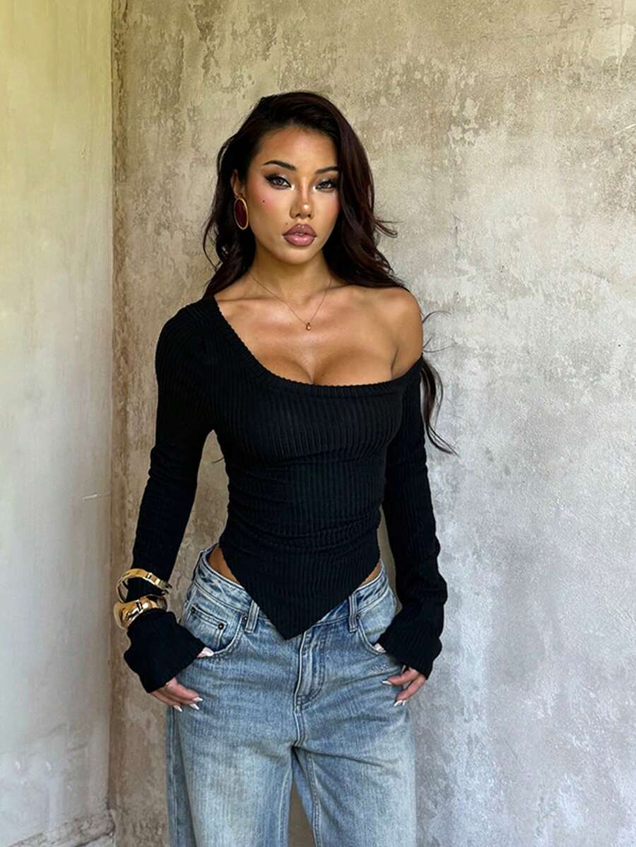 1pc Solid Color Knit Fabric Top, College Style, Autumn - Black - View 1