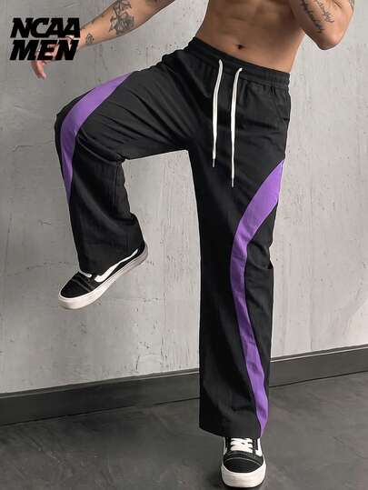 Men's Fashion Casual Straight Leg Pants With Color Block Design, Versatile For Commuting And Daily Wear, Spring/Autumn