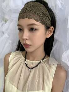 1pc Women's Mori Style Pastoral Olive Green Lace 15cm Wide Hollow Mesh Breathable Elastic Headband - Olive Green - View 4