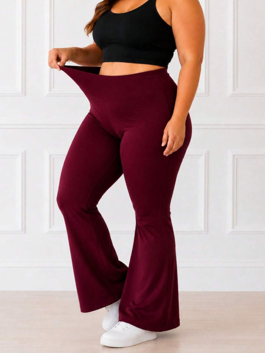 Calça Legging Flare Flanelada Plus Size Boca de Sino Suplex - Vinho - Visão 1