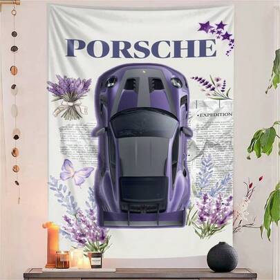 Soft Purple Floral Sportscar Tapestry, Big Bold "PORSCHE" Letter Cottagecore Flower Butterfly Collage Design, Wrinkle Resistant Fabric Backdrop For Garage Teen Room Wall Decoration