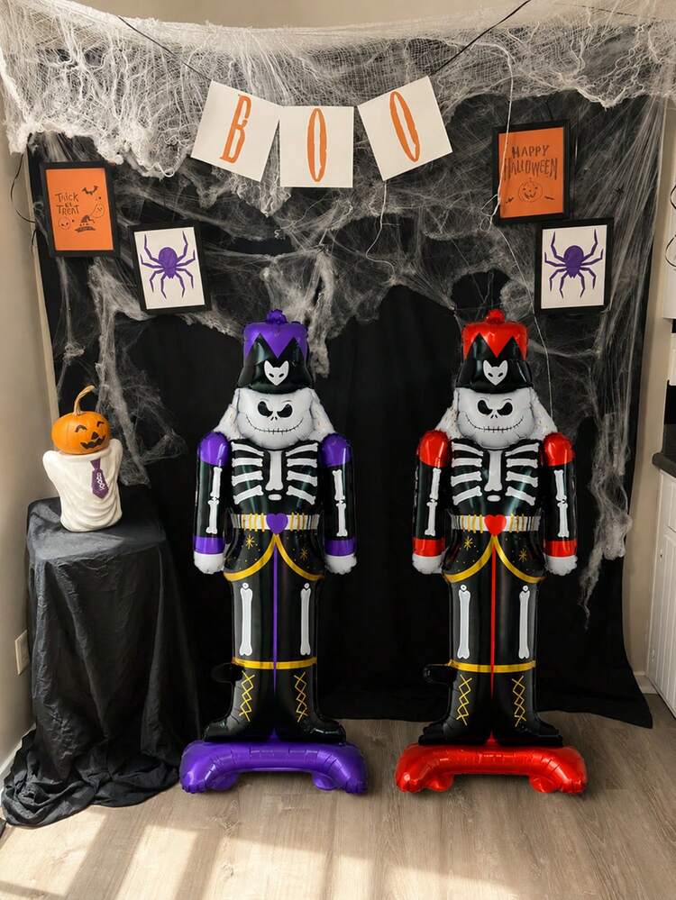 1/2PCS Standing Skeleton Guard Aluminum Foil Balloons, Orange And Purple Color Options, With Base For Standing Upright, Dual Color Choices, Suitable For Halloween And Day Of The Dead Scene Decoration - Multicolor - View 4