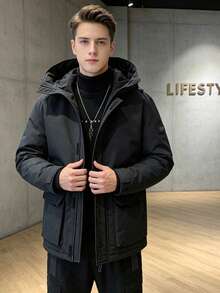 Men Hooded Puffer Jacket, Zip Up Multi Pocket Windproof Warm Winter Outdoor Down Coat - Black - View 2