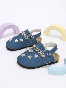 1 Pair Kids' Blue Rhinestone Chain 3D Heart & Flower Closed-Toe Mule Shoes, Suitable For Daily Wear - Blue - View 4