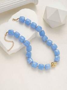 2/1pc Casual Bohemian Style Acrylic Beaded Fish Pendant Collarbone Necklace Set, Geometric Pattern Round Necklace For Women, Daily Wear, Date, Party, Summer Beach Vacation, Perfect Birthday Gift For Best Friend (Random Beaded Quantity + Slight Color Difference) - Blue - View 8