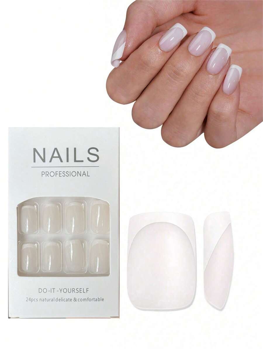 24 Stück French Manicure Nagelaufkleber, cremeweiße French Tip kurze quadratische Nagelaufkleber, weiche Gel Kunstnägel, Soak-Off Acryl Nagelverlängerungen - Verschiedenfarbig - Übersicht 1
