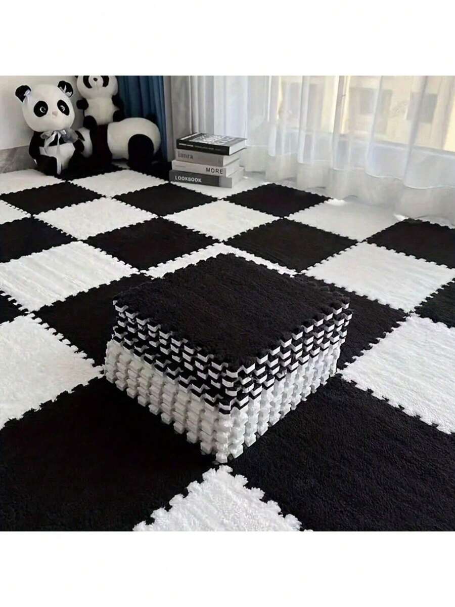 Set Karpet Mosaik Hitam & Putih Ultra Lembut 12 Buah - Karpet Mewah Tahan Lama, Cocok untuk Kamar Tidur, Ruang Tamu, Dapur, dan Kamar Mandi - Dapat Dicuci, Dapat Dipotong, 12x12 Inci - Pola Geometris yang Modis