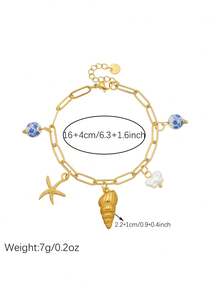 1pc Fashion Ocean Beach Style Gold-Plated Starfish Shell Pendant Stainless Steel Cross Chain Bracelet - Multicolor - View 5