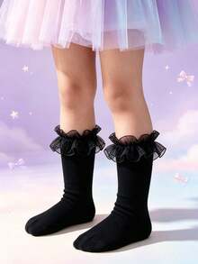 1 Pair Girls Solid Color Ruffle Trim Cute Casual Mid-Calf Socks, Soft Breathable Ruffle Socks For Girl, Suitable For Fall Winter Black Lace Socks - Multicolor - View 11