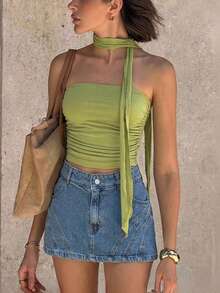 Top Dazzle Chic Women's Green Backless Cropped Tube Top, Sleeveless Knit Tank Top, Suitable For Spring And Summer - Green - View 7