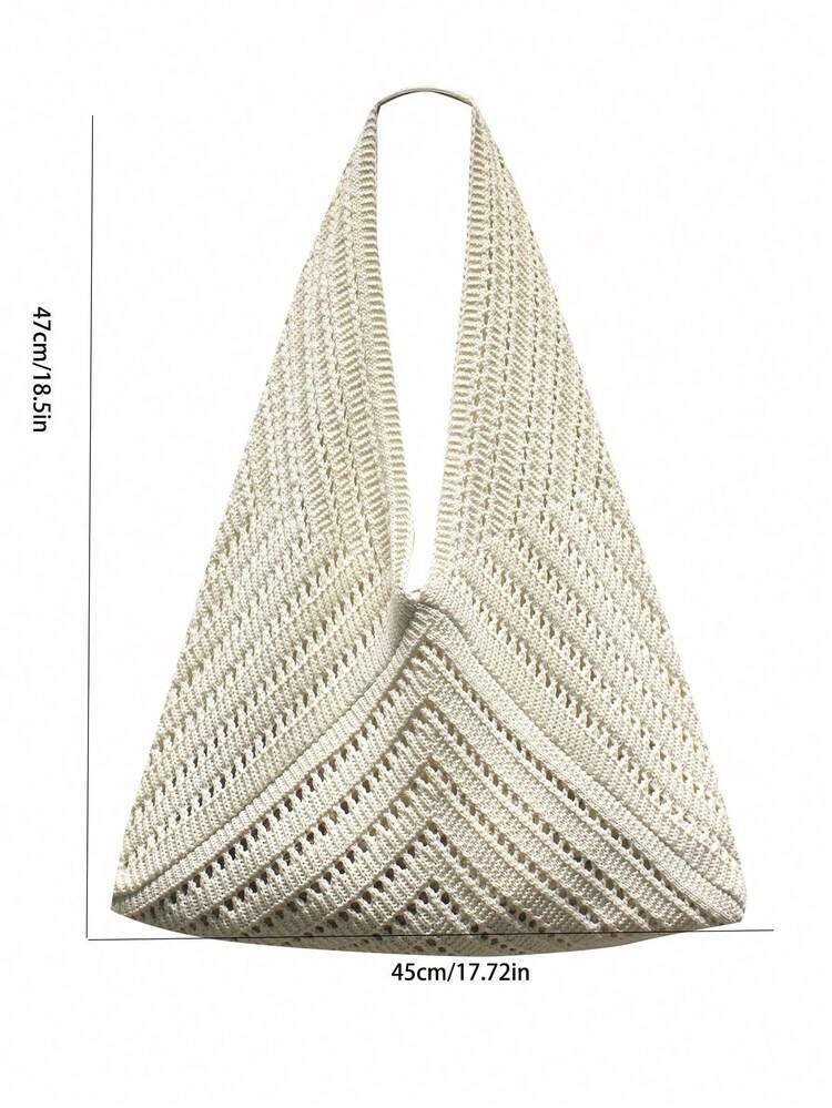 Dedoo French Style Oversized Dumpling Shaped Crochet Bag, Hollow V-Shaped Herringbone Diamond Pattern, Minimalist Vacation Tote Bag, Suitable For Summer Beach/Commute/Shopping/Date - White - View 6
