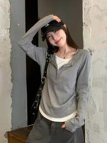 Women's 2 In 1 Striped Zipper Long Sleeve T-Shirt, Slim Fit Inner Layer Top, Autumn - Grey - View 1