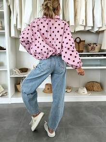 Autumn/Winter Foundation Coffee Polka Dot Drawstring Ruffle Trim Stand Collar Zipper Drop Shoulder Lantern Sleeve Cropped Cuffed Jacket Casual Vacation Style Daily Travel Date - Pink - View 2